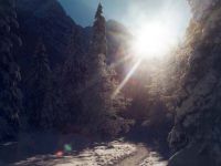 padające nisko promienie zimowego słońca oślepiają wędrowców